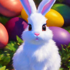 White Bunny Among Easter Eggs on Grass Background