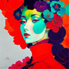 Colorful digital artwork: Stylized woman with flower bouquet headdress.