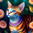 Colorful Cat Illustration with Blue Eyes and Jewelry in Floral Setting