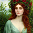 Auburn-haired woman with rose crown in serene forest setting