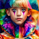 Child with Vibrant Blue Eyes and Galaxy-Themed Hood in Dreamy Digital Art