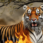 Majestic tiger in flames with barren tree and hazy background