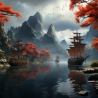 Ancient ships sailing in misty river with red foliage