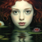 Digital painting: Woman with red curly hair and green eyes in water with white lilies