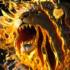 Golden fluid-like lion with fiery mane in intricate 3D rendering