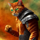 Orange Tabby Cat in Silver Armor on Fiery Background