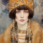 1920s Style Portrait of Woman with Beaded Headband and Golden Shawl