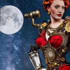 Steampunk-inspired woman in cogwheel outfit against moon backdrop