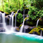 Lush Jungle Scene with Waterfalls, Pond, Green Foliage, Flowers, and Turtles