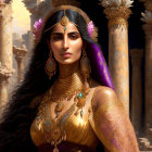 Woman in gold jewelry and purple sari among ancient columns