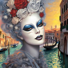 Woman with white and red headwear and carnival mask in Venetian setting.