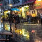 Rainy Evening Scene: People with Umbrellas on Wet Cobblestone Street