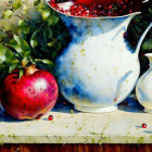 Colorful still life with pomegranate, cranberries, and pitchers on ledge