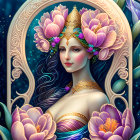 Fantasy portrait of a woman with blue-violet flowers, golden crown, and ornate border