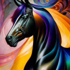 Colorful Artwork: Black Horse with Ornate Decorations in Vibrant Abstract Patterns