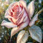 Pink rose with dew drops on petals and leaves against soft bokeh background