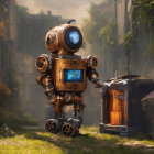 Rusty robot in sunlit clearing with old buildings and cliffs