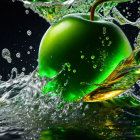 Fresh green apple in water with droplets on dark background