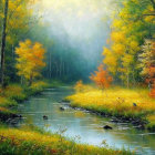 Tranquil stream in lush autumn forest with ducks and mist