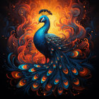 Colorful Peacock Artwork in Fiery Orange and Red Hues