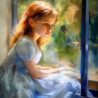 Young girl in blue dress with red hair tie looking out window