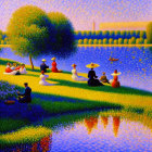 Colorful Pointillist Painting of Figures by Blue Riverbank