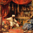 Traditional Middle Eastern Attire: Tea Discussion in Ornate Room