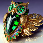 Jeweled owl brooch with green gemstone body, diamond accents, and sapphire feathers on