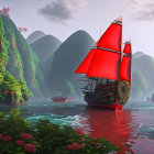 Traditional Ship with Red Sails Sailing on Tranquil River Amid Green Hills