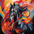 Colorful painting of black horse with multicolored mane and abstract background