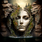 Tranquil landscape with woman's face in waterfall surrounded by greenery