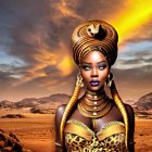 Regal woman with golden headdress in sunset sky portrait