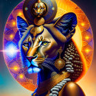 Colorful cosmic lion illustration with celestial jewelry on starry background