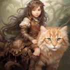 Young girl with wavy brown hair rides orange tabby cat in autumn forest.