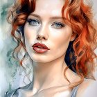 Portrait of a Woman with Auburn Hair and Blue Eyes in Watercolor Style