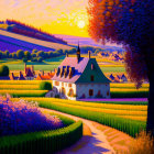 Colorful illustration: quaint house, flower rows, sunset sky, tree.