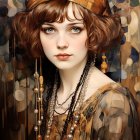 Illustrated woman with flapper style accessories and striking green eyes in rich, warm colors