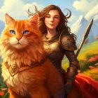 Illustration of young armored woman with giant fluffy orange cat in vibrant flower-filled landscape