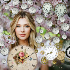 Surreal portrait of woman with floral headpiece and pocket watches