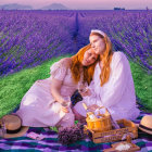 Vintage dresses women in flower field picnic with wicker basket