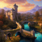 Medieval castles in autumn landscape with rivers, bridges, and mountains at sunset