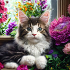 Fluffy Tabby Cat with Blue Eyes Among Pink and Purple Flowers