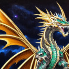 Majestic golden-winged dragon roaring under starry sky