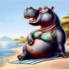 Anthropomorphic hippopotamus in floral swim shorts lounging on beach towel