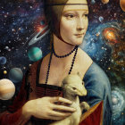 Surrealist portrait of woman with cosmic background and small dog, blending Renaissance attire with space elements