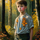 Young boy in forest with autumn leaves and sunlight glow