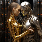 Futuristic artwork of human-like woman and robot in golden and silver attire.