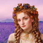 Woman with Red Hair and Floral Headpiece in Lavender Field Landscape