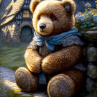 Illustrated bear in scarf by cottage at dusk with flowers and glowing lights