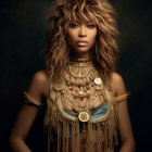 Portrait of woman with voluminous wavy hair and dramatic makeup wearing sparkling jewelry and sequined top.